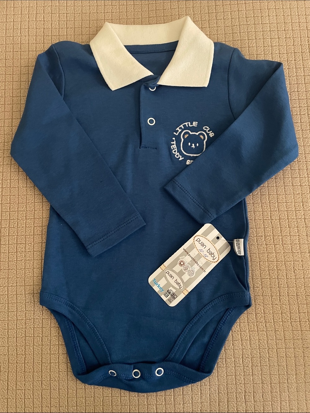 Navy Long-Sleeve Polo Baby Bodysuit with Teddy Motif 12 Mo. NWT!